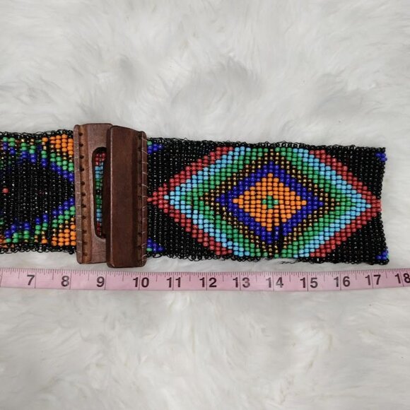 Oversized Handcrafted Beaded Belt Geometric Pattern & Wooden Buckle Size 1X - Picture 7 of 7